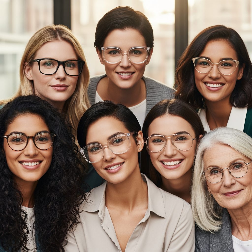 Diverse group of smiling clients wearing eyeglasses, representing everyday patients at Laurier Optical Findlay Creek.