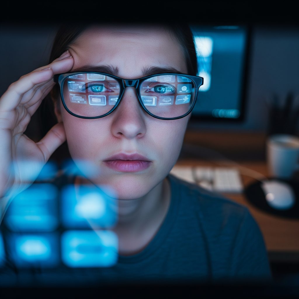 Infographic showing causes, symptoms, and preventive tips for digital eye strain from prolonged screen use