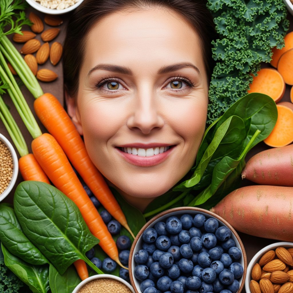 Illustration of various eye-healthy foods like leafy greens, citrus fruits, eggs, fatty fish, and nuts arranged around an eye icon