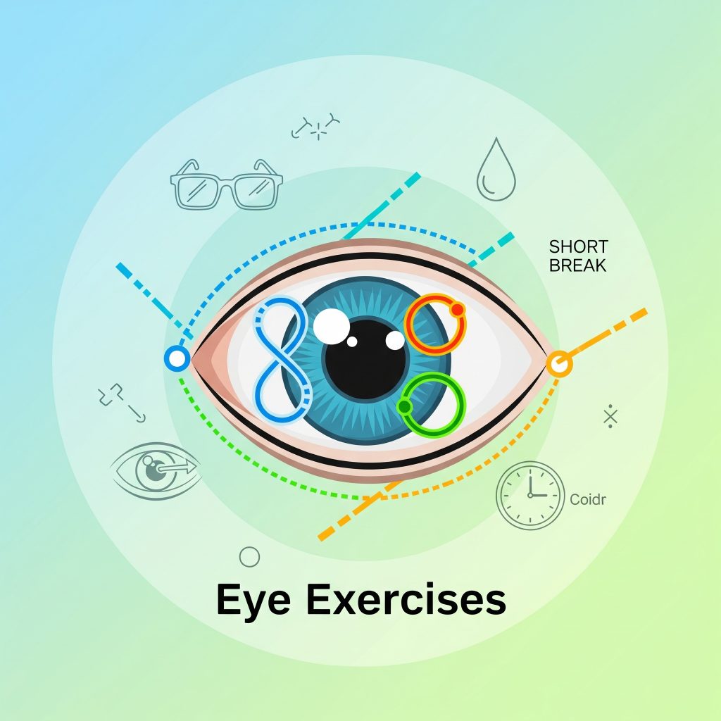 Graphic illustration of multiple eye movement and focus exercises, like eye rolls and near-far focusing, depicted around stylized eyes.