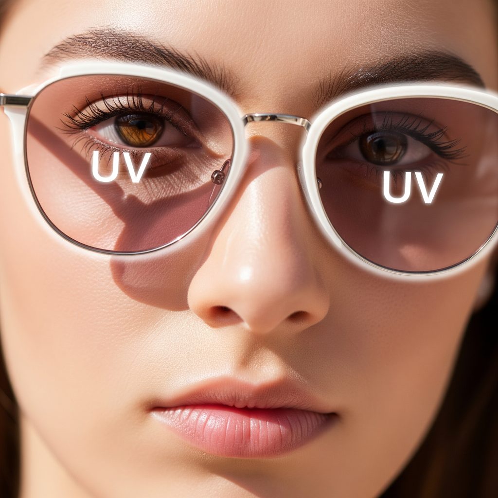 A display of various sunglasses frames arranged on shelves highlighting choices for UV protection.